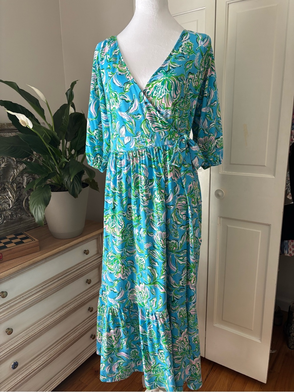 Lilly Pulitzer Aqua & Green Floral Wrap Maxi Dress